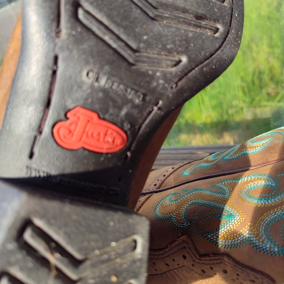 Justin Cowgirl Western Boots.Brown Teal Trim - Picture 5 of 11